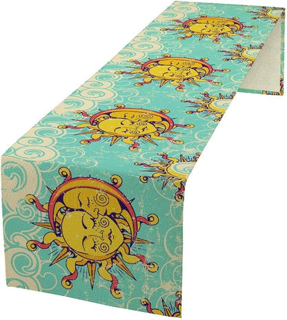 Retro Sun Moon Table Runner, Phase of The Moon Vintage Cloud Table Runner for Kitchen Dinner Living Room Table Runner Yellow Floral, 13x60 Inch Yellow Blue