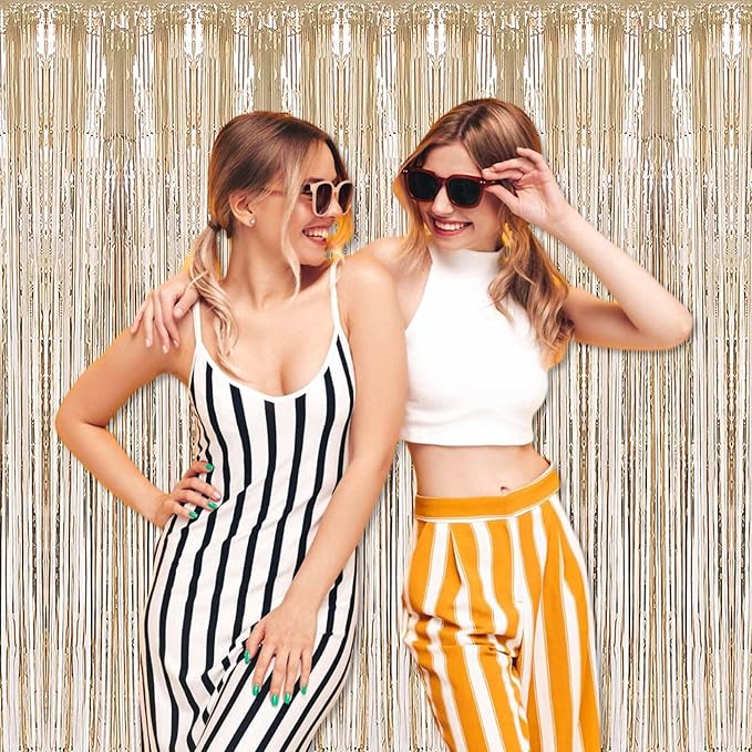 6 Pack Champagne Gold Foil Fringe Curtains Backdrop, 3.28 x 8.2 Ft Metallic Streamers Tinsel Curtains Background for Photo Booth, Birthday, Weddings, Carnivals, Graduation, Themed Party Decorations