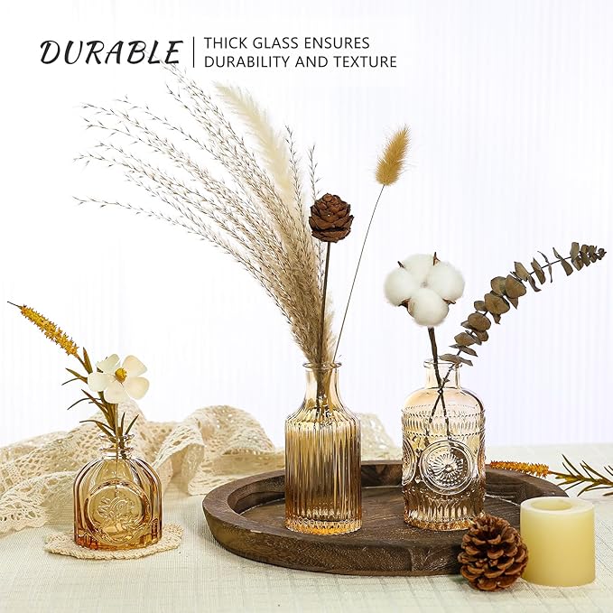 Glass Bud Vase Set of 5, Gold Amber Small Flower Vases for Centerpieces in Bulk, Mini Vintage Vase for Rustic Wedding, Home,Table Decoration