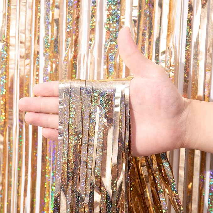 2 Pack Champagne Gold Tinsel Foil Fringe Curtains, Champagne Party Decorations, Metallic Tinsel Party Streamers Backdrop for Birthday Baby Shower Graduation Wedding Party Decorations