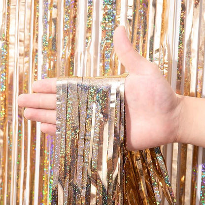 2 Pack Champagne Gold Tinsel Foil Fringe Curtains, Champagne Party Decorations, Metallic Tinsel Party Streamers Backdrop for Birthday Baby Shower Graduation Wedding Party Decorations