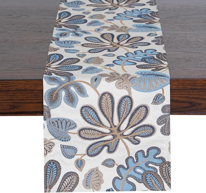 Mika Home Tropical Leaf Table Runner for Home Decor 13X90 Inches Blue Brown Seasonal Dining Table Decoration for Home