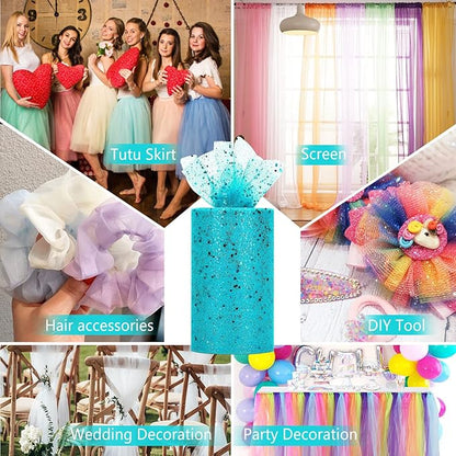 Glitter Tulle Rolls, 6” by 50 Yards (150FT) Sparkling Tulle Spool Ribbon Sequin Tulle Netting Fabric for Tutu Skirt Wedding Birthday Baby Shower (Peacock)