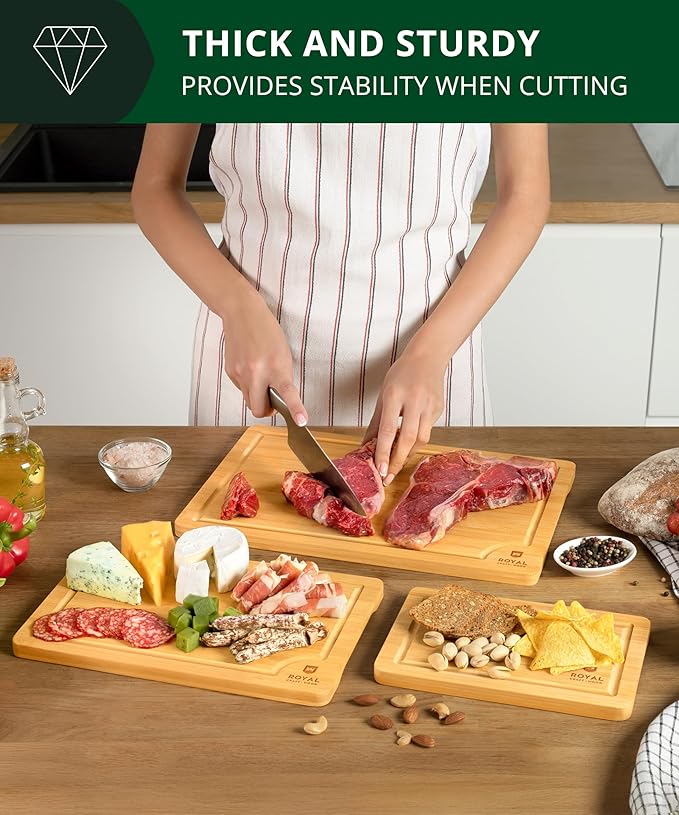 Wooden Cutting Boards for Kitchen Meal Prep & Serving - Bamboo Wood Cutting Board Set - Charcuterie & Chopping Butcher Block for Meat - Kitchen Gadgets Gift