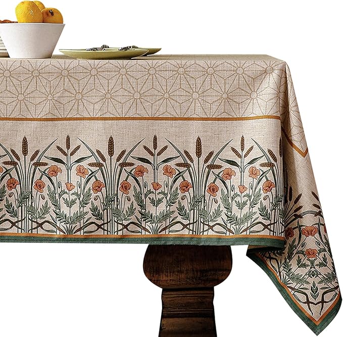 patdrea Designer Linen Vintage Long Table Cloth for Rectangle Table,Light Brown Durable French Floral Tablecloth,Decor Cover for Kitchen Dining,Christmas,Thanksgiving,Party,63"x94"-Cudillero