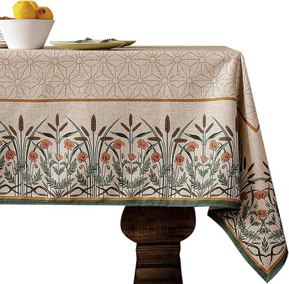 patdrea Designer Linen Vintage Long Table Cloth for Rectangle Table,Light Brown Durable French Floral Tablecloth,Decor Cover for Kitchen Dining,Christmas,Thanksgiving,Party,63"x94"-Cudillero