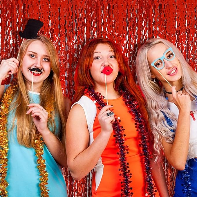 Red Tinsel Foil Fringe Curtains Wavy Backdrop for Parties Sparkle Metallic Wavy Foil Fringe Backdrop Curtain for Party Decorations Photo Booth Props Birthday Graduation Wedding Valentines Decor