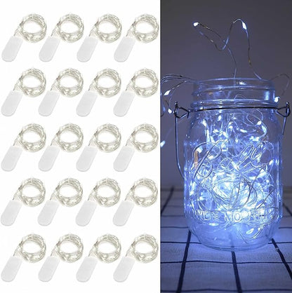 20 Pack Fairy Lights Battery Operated, 6.6ft 20 LED Mason Jar Lights Silver Wire Waterproof Firefly Mini Led String Lights for Table Party Wedding Centerpiece DIY Crafts Christmas Decor