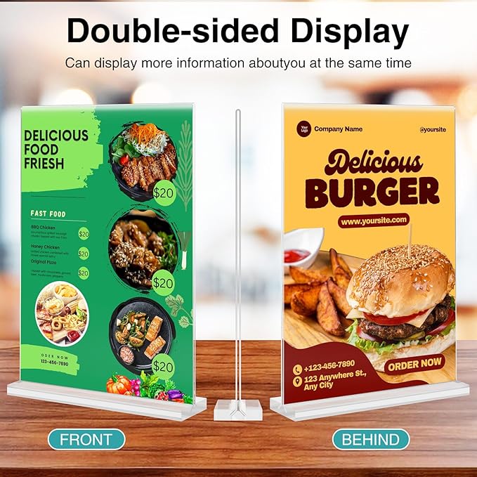 Relx 12 Pack Acrylic Sign Holder 8.5 x 11, Vertical T Shape Plastic Sign Holder with Base, Double-Sided Clear Tabletop Plexiglass Flyer Stands for Restaurant Office Store Home Picture Frame Display