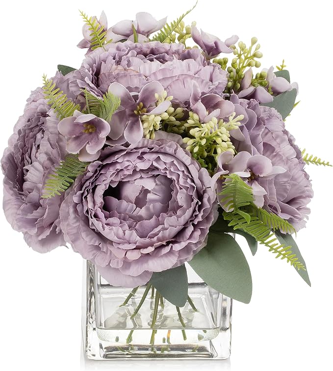 ENOVA FLORAL Artificial Flower Arrangement with Vase,Mixed Artificial Silk Peony Flower in Vase for Decoration Home Office, Wedding Centerpiece (Purple02)
