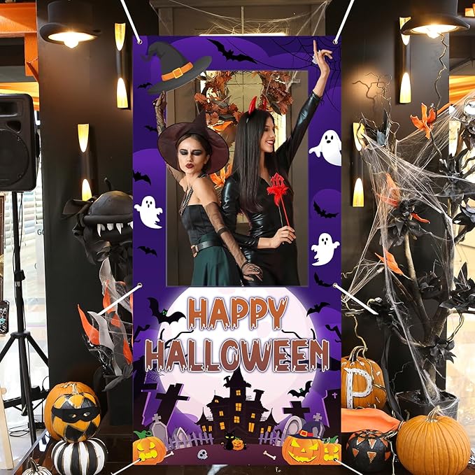Halloween Photo Booth Props Frame Party Decorations 35 x 73Inch Halloween Picture Backdrop for Birthday Party Supplies Indoor Outdoor Decor (Purple)