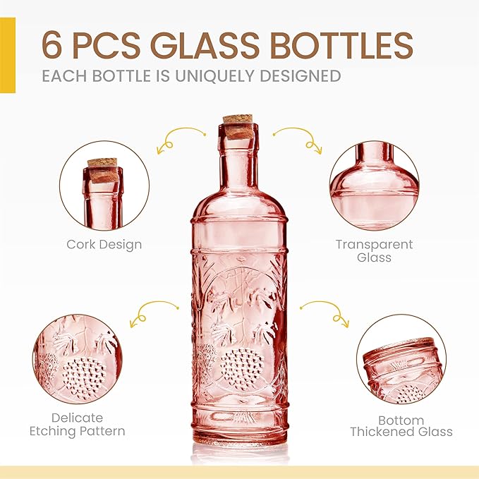 Assorted Reddish Glass Bottles with Corks, 6 Pack, 2.5in X 9in, 16oz