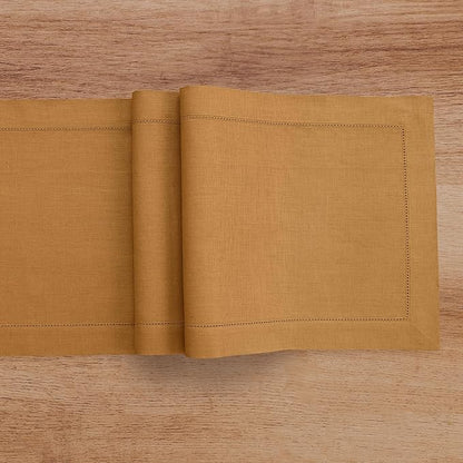 Solino Home Linen Brown Sugar Table Runner 120 Inches Long - 100% Pure Linen 14 x 120 Inch Table Runner for Fall, Autumn, Thanksgiving - Classic Hemstitch