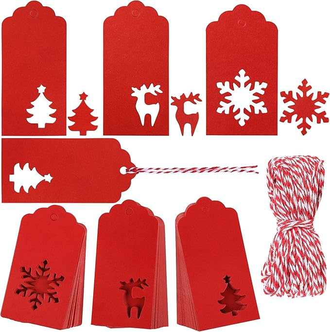 Aneco 150 Pieces Christmas Paper Gift Tags Red Kraft Tags Hang Labels Christmas Tree Snowflake Reindeer Design with 30 Meters Twine for Christmas DIY Wrapping Favor Holiday Present