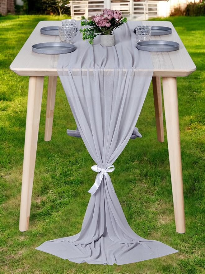 MDS 25 Pack 10ft Chiffon Table Runner 29 x 120 Inches Sheer Wedding Runner Romantic Rustic Table Runner for Wedding Decorations, Birthday Parties, Bridal Shower Party Arch Decor - Cool Gray