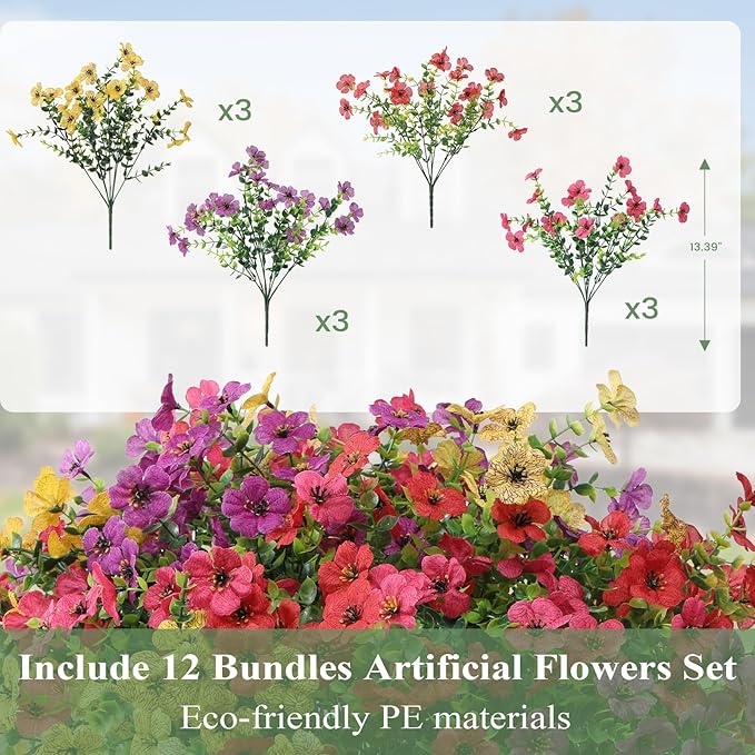 Artificial Flowers for Outdoors 12 Bundles, UV Resistant Colorful Fake Silk Flower Outdoor Planter Garden Decor Indoor Decorations