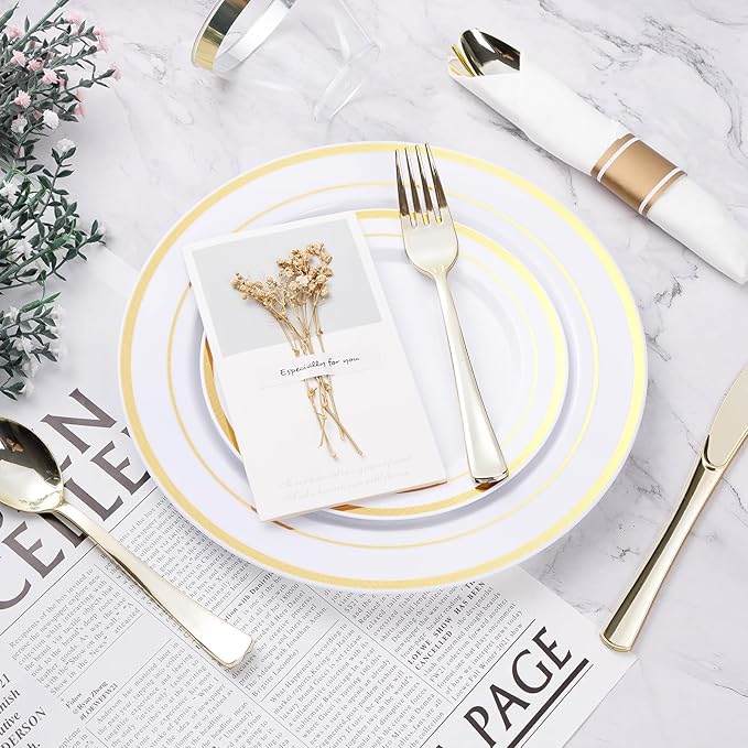 BESTVIP 350PCS Gold Plastic Dinnerware Set, Disposable Party Plates for 50 Guests, Include: 100 Plastic Plates, 50 Pre Rolled Napkins with Gold Silverware, 50 Cups