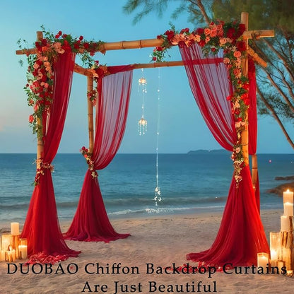 DUOBAO Red Chiffon Backdrop Curtain - 2 Panels 58x120-Inch, Elegant Wedding & Party Decor, 10FT Long Sheer Drapes for Living Room & Photography