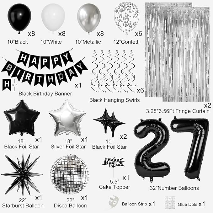27th Birthday Decorations for Men Women, Black Silver Happy Birthday Party Decorations， 27 Year Old Party Supplies with Number 27 Balloons, Banner, Fringe Curtains Kit