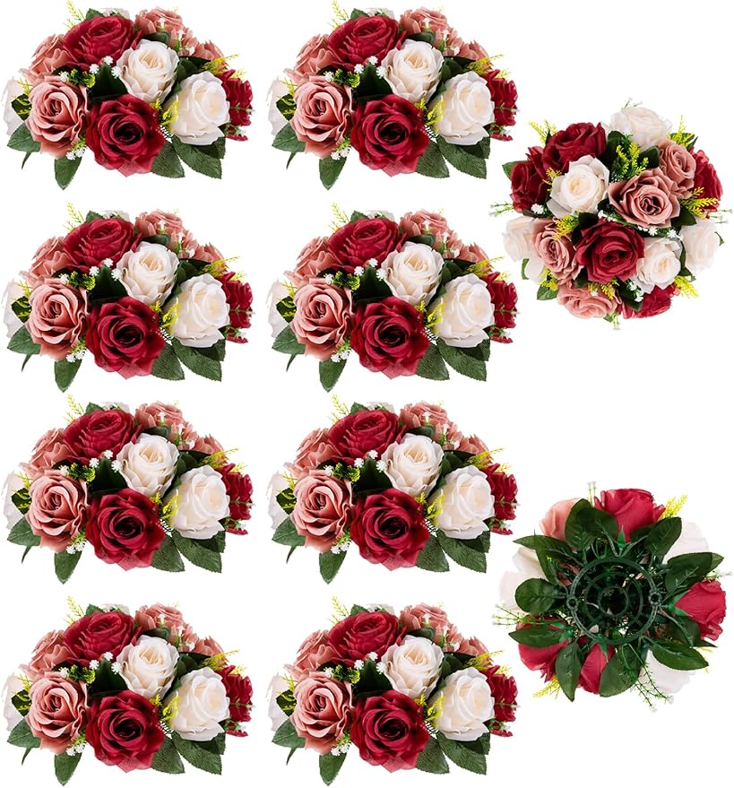 BLOSMON Wedding Flowers Centerpieces for Tables: 10 Pcs Burgundy & Dusty Rose & Creamy White Fake Roses Kissing Balls Decoration - Artificial Silk Floral Arrangements for Home Party DIY Decor