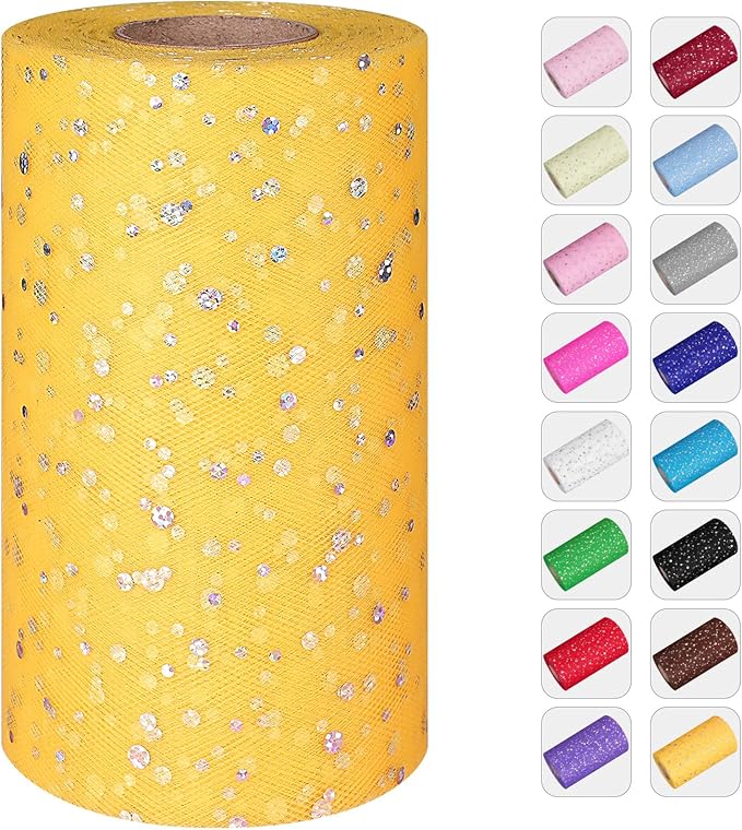 Glitter Tulle Rolls, 6” by 50 Yards (150FT) Sequin Tule Netting Fabric Tulle for Tutu Skirts Sewing Birthday Wedding Party Decoration (Yellow)