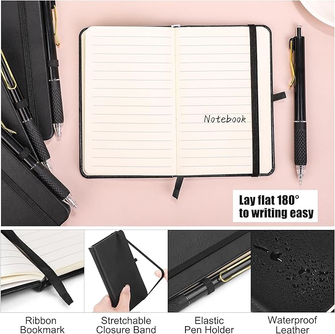 Aodaer 50 Sets Pocket Notebook Journal with Pens, 160 Pages, 3.5 x 5.5 Inch Mini Lined Journal Notebook A6 Leather Hardcover College Ruled Notepad with Pen Holder for School Office Gifts, Black