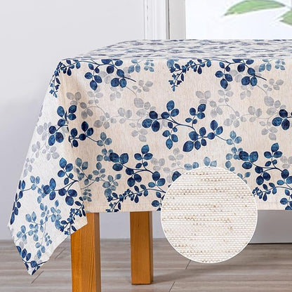 MYSKY HOME Floral Print Rectangle Tablecloth Waterproof Rectangular Table Cloth Linen Farmhouse Tablecloth for Kitchen Dining Spring Leaves Tablecloth for 6 Feet Table，60 x 102 Inches, Blue