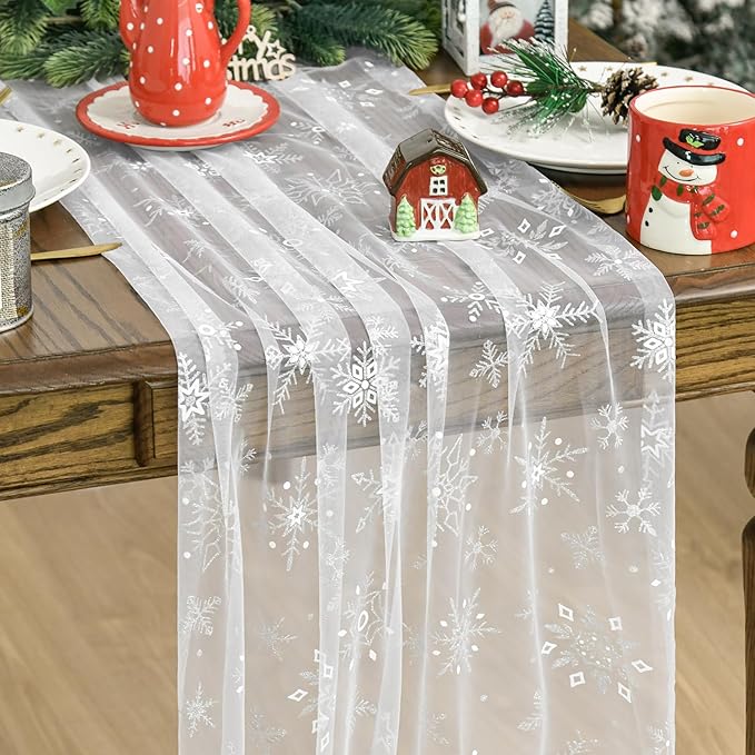Artoid Mode Silver Snowflakes Christmas Gauze Table Runner 120 Inch 10FT, Seasonal Sheer Winter Kitchen Dining Holiday Wedding Table Decor for Home Party