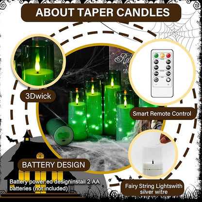 Flameless LED Candles with Timer 9 Pc Flickering Flameless Candles for Romantic Ambiance and Home Decoration Stable Acrylic Shell,with Embedded Star String，Battery Operated Candles（Green）