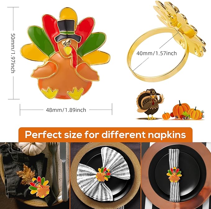 Halatool 8 PCS Thanksgiving Day Turkey Napkin Ring Funny Metal Festival Napkin Holders for Dinner Table Party Decoration