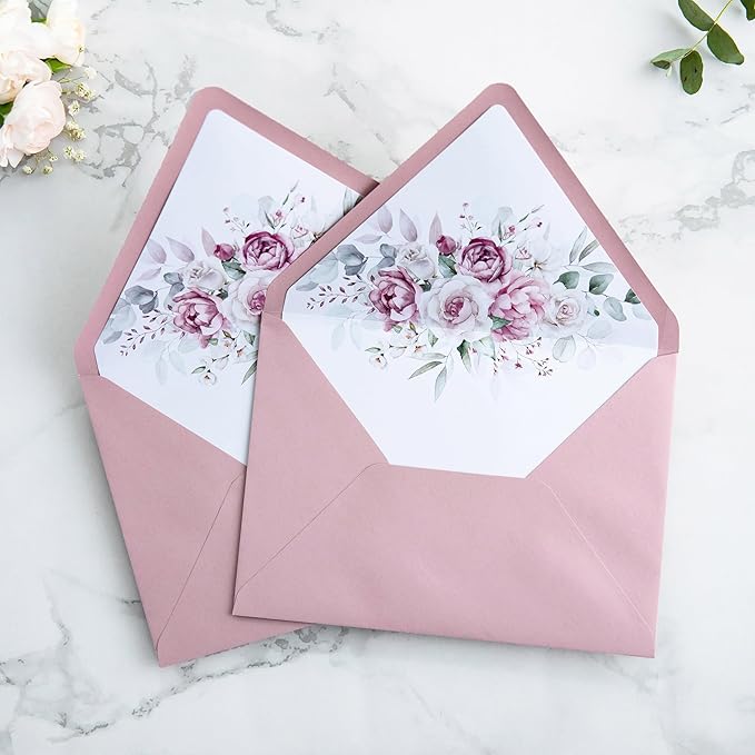 PONATIA 50PCS A7 Euro Flap Envelopes, 5.25 x 7.25'' Liner Envelope For 5x7'' Weddings Invitation Cards, Christmas Gift Cards, Acrylic Invitations, Photos (Dusty Rose)