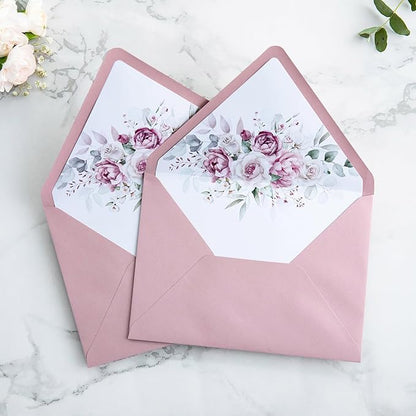 PONATIA 50PCS A7 Euro Flap Envelopes, 5.25 x 7.25'' Liner Envelope For 5x7'' Weddings Invitation Cards, Christmas Gift Cards, Acrylic Invitations, Photos (Dusty Rose)