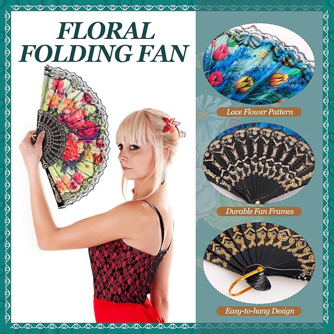 Geetery 30 Pcs Folding Hand Fan for Line Dancing Spanish Boots on The Ground Fans Gifts Bulk Colorful Silk Popping Rave for Women Tea Party Wedding Church Halloween Costume(Floral,Colors Random)
