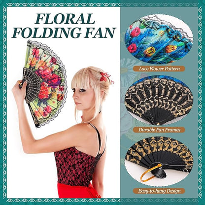Geetery 30 Pcs Folding Hand Fan for Line Dancing Spanish Boots on The Ground Fans Gifts Bulk Colorful Silk Popping Rave for Women Tea Party Wedding Church Halloween Costume(Floral,Colors Random)