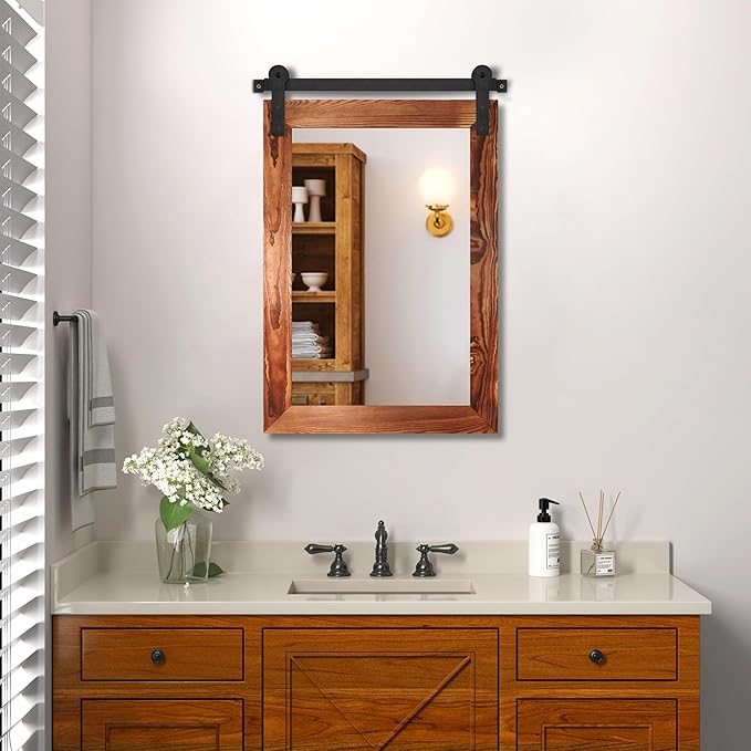 COGOOD Farmhouse Barn Door Wall Mirror - 25" X 38" Rustic Wood Framed Mirror for Bathroom, Living Room, Entryway Wall Decorative (Brown)