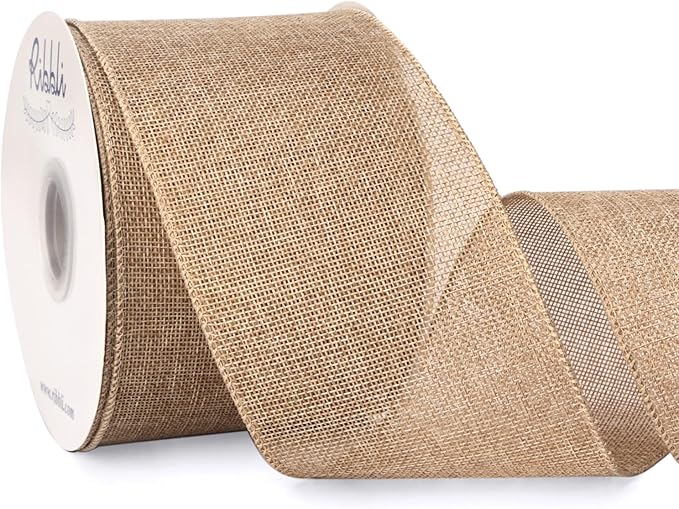 Ribbli Natural Burlap Wired Ribbon, 4” Inch x Continuous 20 Yard, Wired Edge Ribbon for Wreaths,Big Bows,Tree Decoration,Outdoor Decoration