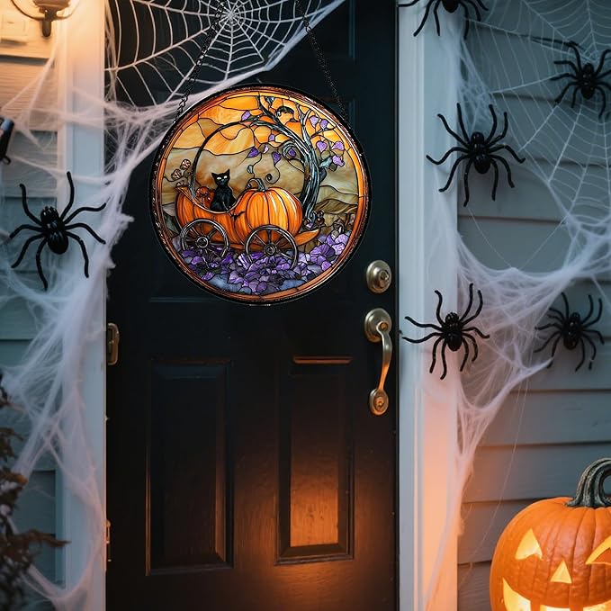 Stained Glass Window Hanging - Halloween Pumpkin Carriage Black Cat Suncatcher for Doors Window Garden Spooky Sun Catchers Gothic Decor Horror Gifts for Women Men Friend Boy Girl 9.8 in