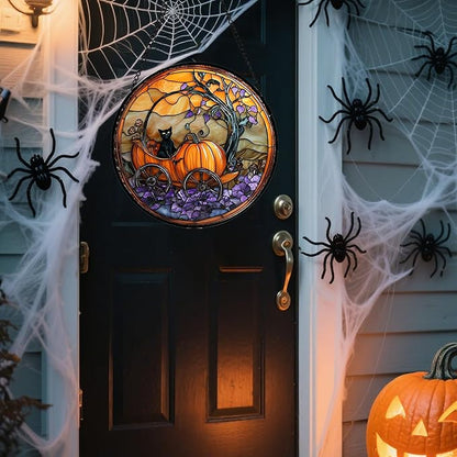 Stained Glass Window Hanging - Halloween Pumpkin Carriage Black Cat Suncatcher for Doors Window Garden Spooky Sun Catchers Gothic Decor Horror Gifts for Women Men Friend Boy Girl 9.8 in