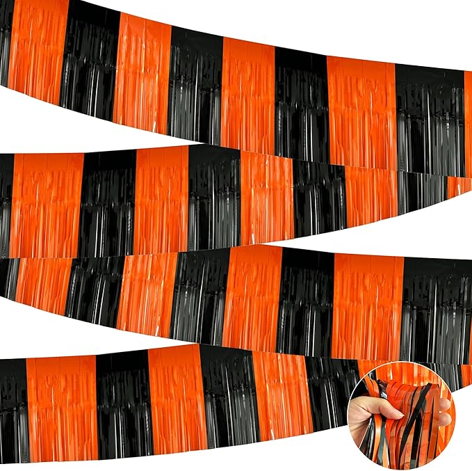 4 Pack 10 Feet Black Orange Halloween Parade Float Decorations for Trailer Car, Foil Fringe Tinsel Streamers Banner Garland for Halloween Graduation Homecoming Party Decoration (Black Orange)