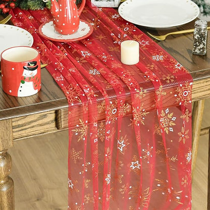 Artoid Mode Red Gold Snowflakes Christmas Gauze Table Runner 120 Inch 10FT, Winter Seasonal Sheer Dining Holiday Wedding Table Decor for Home Party