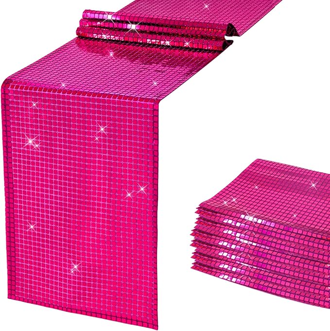 SquarePie Disco Table Runner 6 Pack - Hot Pink Mirror Sequin Glitter Foil Runner for Disco Party Decor Retro 70s 80s Theme, Bachelorette Birthday Dance Decoration 12x108 Inch