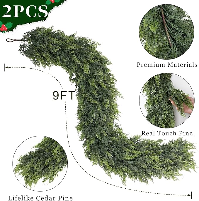 Real Touch Cedar Garland - Artificial Christmas Garlands Faux Green Cedar Fake Pine Needles Garland for Fireplace,Table, Stairs, Mantle, Window,Indoor Outdoor,Home,Holiday Decor(2 PCS,9 FT)