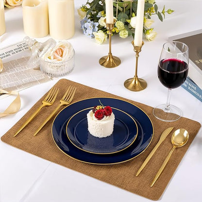 bUCLA 100PCS Blue Plastic Plates - Navy Blue Disposable with Gold Rim, Include 50 Each (10 inch Dinner & 7 inch Dessert) Plates, Ideal for Party