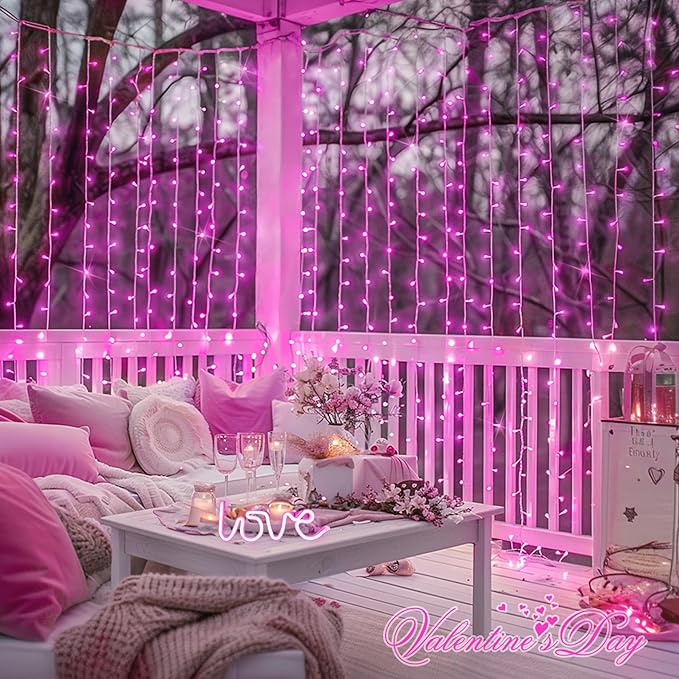 JMEXSUSS 300 LED Curtain Lights Plug in with Remote, 9.8X9.8FT Pink Christmas Lights Indoor, 8 Modes Pink String Lights for Bedroom Window Wall Party Backdrop Xmas Valentine Decorations