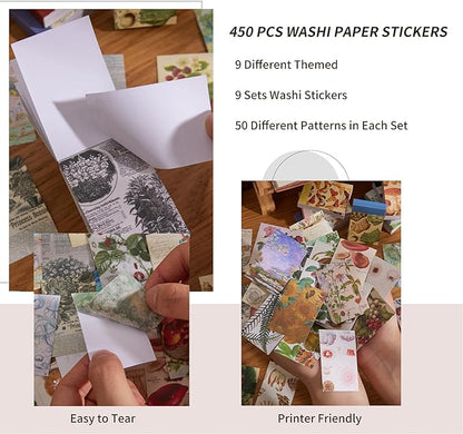 9 Sets 450 Sheets Washi Stickers for Journaling, Plants Fruit Flowers Butterfly Shell Boho Stickers Vintage Aesthetic Scrapbook Sticker for Bullet Journal Art Diary Card Craft Gifts Planner Notebook
