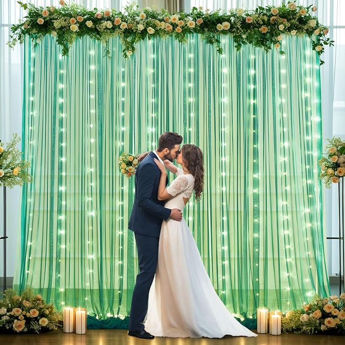 Hunter Green Tulle Backdrop Curtains with Lights String for Parites 10x10ft Sheer Backdrop Curtains Drapes for Birthday Party Bridal Shower Baby Shower Photo Booth Background Decorations