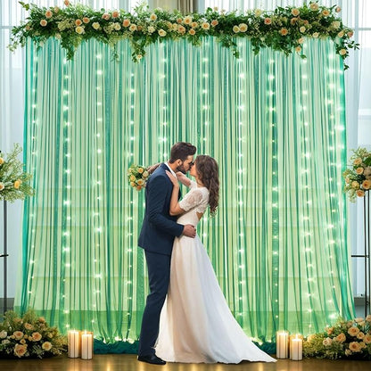 Hunter Green Tulle Backdrop Curtains with Lights String for Parites 10x10ft Sheer Backdrop Curtains Drapes for Birthday Party Bridal Shower Baby Shower Photo Booth Background Decorations