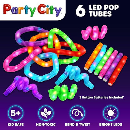 Party City 6pk LED Light Up Pop Tubes 25”- 3 Mode Stretchy Tubes LED Light Up Toys Bulk Glow Sticks Party Favors for Kids Necklaces Bracelets Neon Glow in the Dark Supplies Fidget Sensory Tube Pack