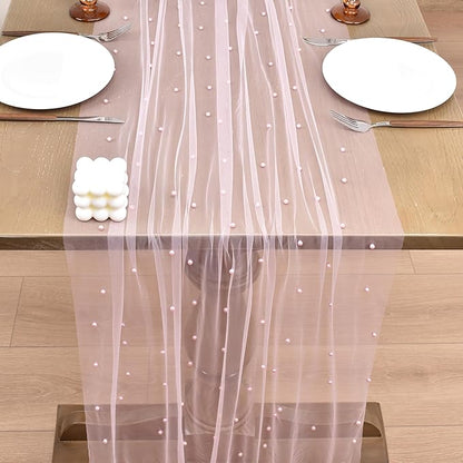Joanlody Fall Pearl Table Runner 10ft Rustic Boho Tulle Table Runner with Pearls for Baby Shower Wedding Party Veil Dessert Thanksgiving Table Decor Pink
