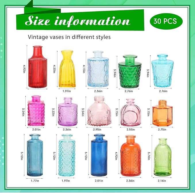 Yaomiao 30 Pcs Vases Bulk Colored Flower Glass Vases Bud Vintage Colored Glass Bottles Colorful Rustic Embossed for Home Wedding Table Decorations Gifts(Bright Color)